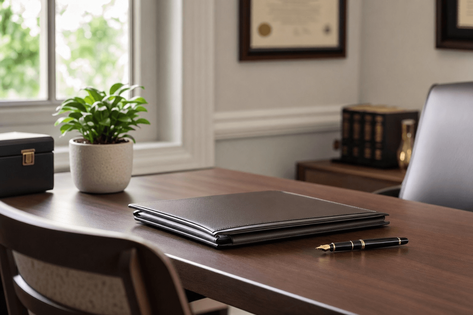Tidy consultation desk, symbolic of confidential practice and law firm work