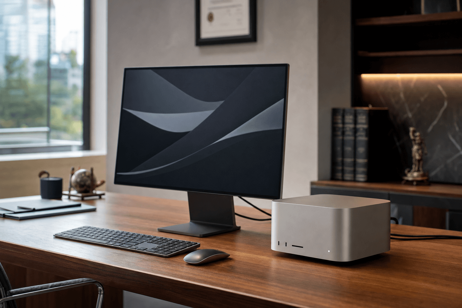 Compact AI workstation on a desk in a practice office