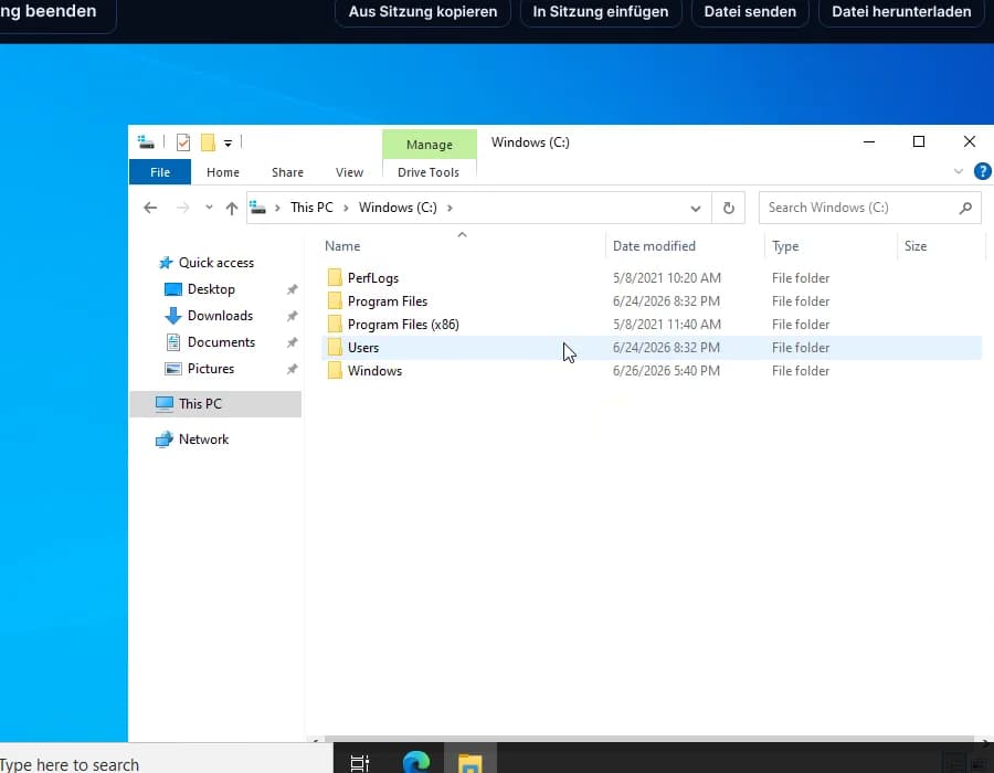 Privilegierte RDP-Sitzung auf einem Windows-Server in der Privileged Access Bridge: Windows-Desktop mit geöffnetem Datei-Explorer