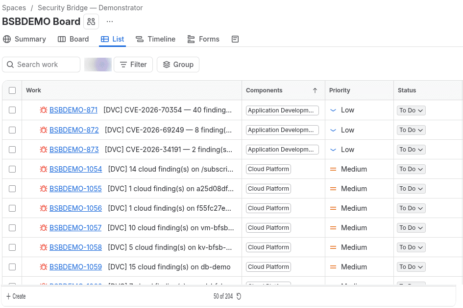 Jira-Board mit Vorgängen der Security Bridge, sortiert nach Komponente