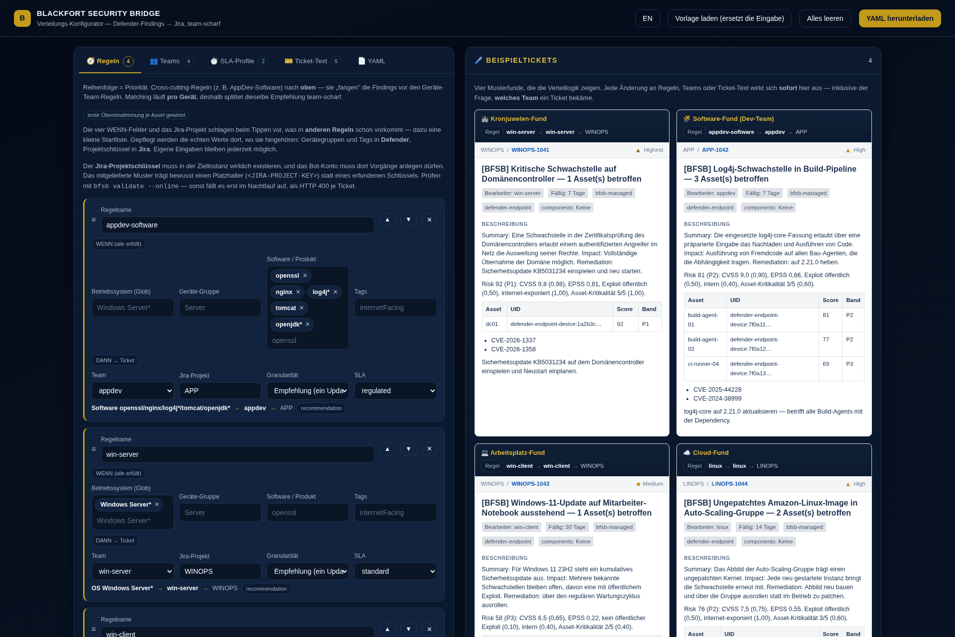 Regelwerk im Konfigurator, mit Beispieltickets aus den eigenen Regeln