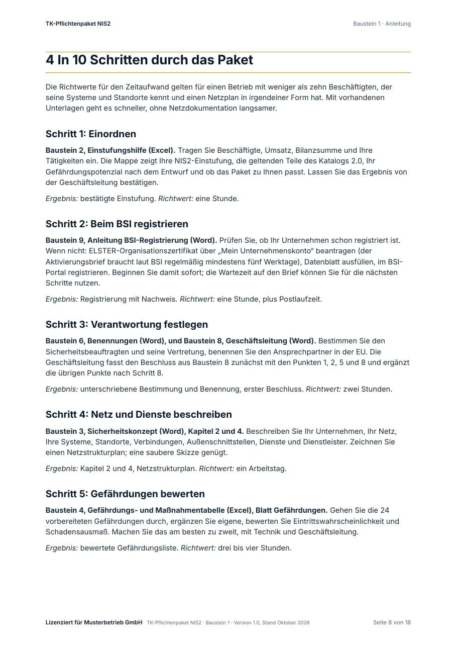 Seite „In 10 Schritten durch das Paket“ mit den ersten Arbeitsschritten