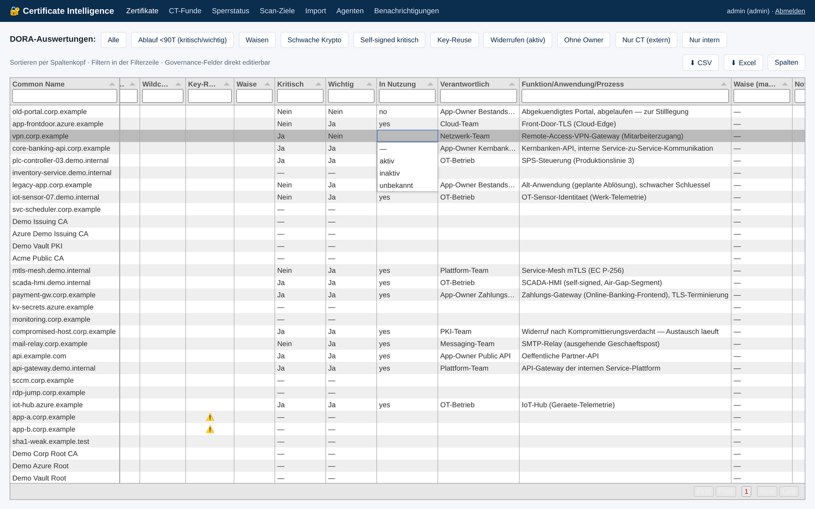 Governance fields of a certificate including critical / important function and ownership, with synthetic demo data