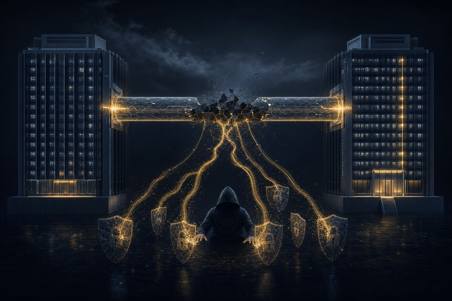 Visualization of a compromised VPN connection with broken security barriers