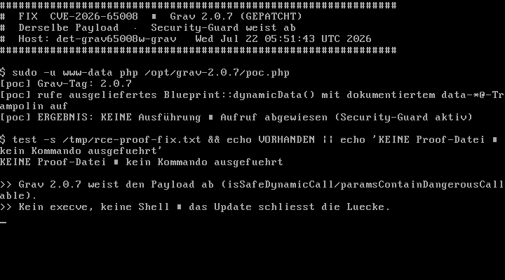 Fix belegt: Grav 2.0.7 weist denselben Payload ab, es wird kein Shell-Kommando ausgeführt