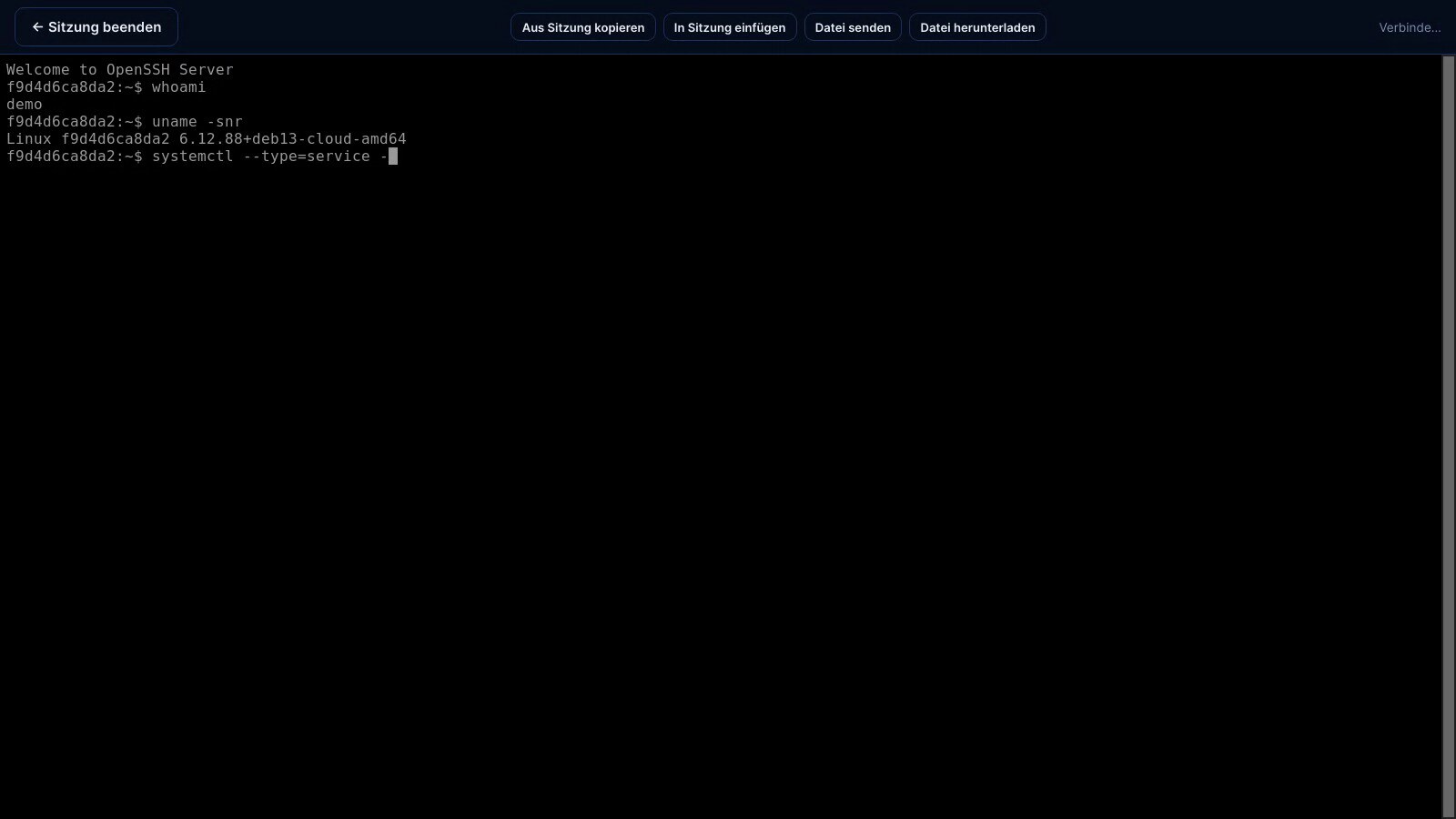 Aktive SSH-Terminalsitzung im Browser über die Privileged Access Bridge