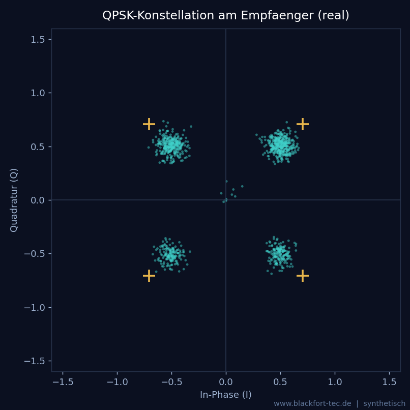 QPSK constellation at the receiver in the lab: four clean clusters, the unencrypted signal is fully demodulable