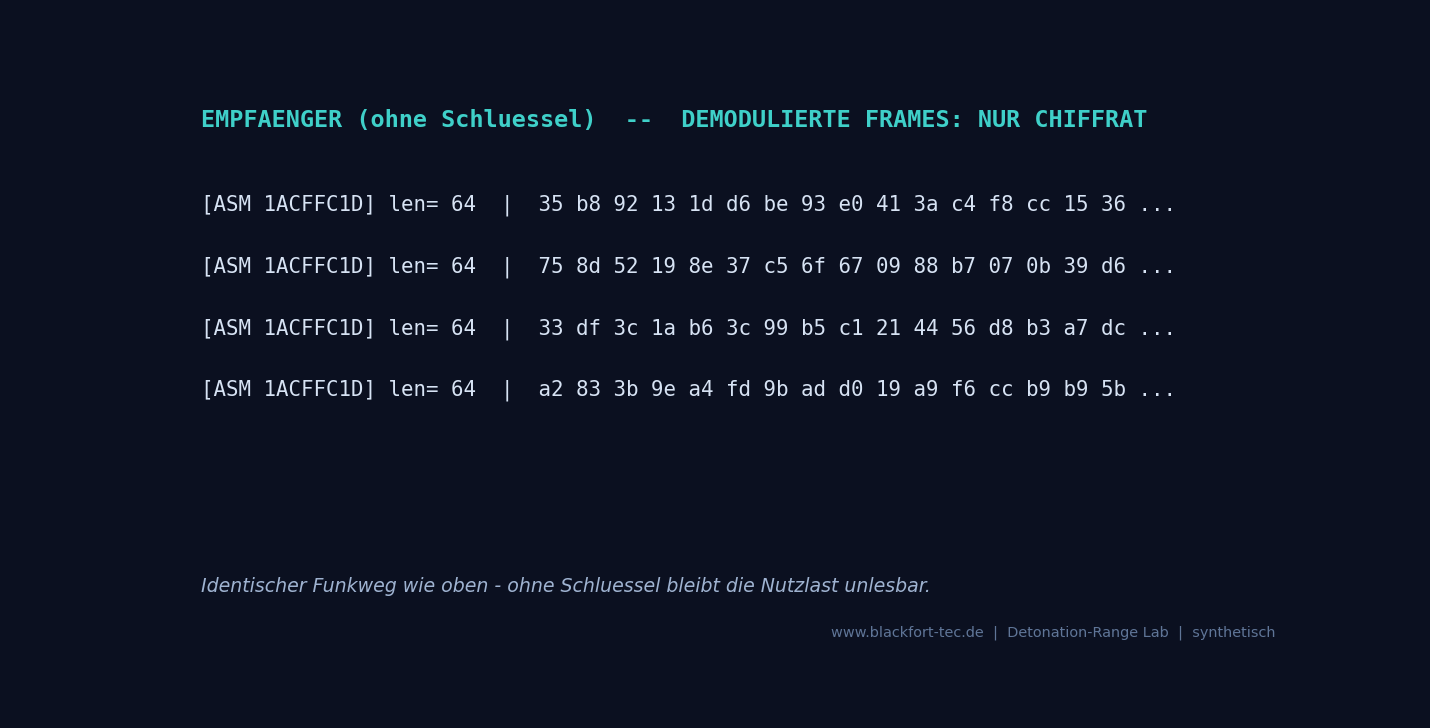 Decoded frames with an encrypted payload: only ciphertext, bytes that are unreadable without the key