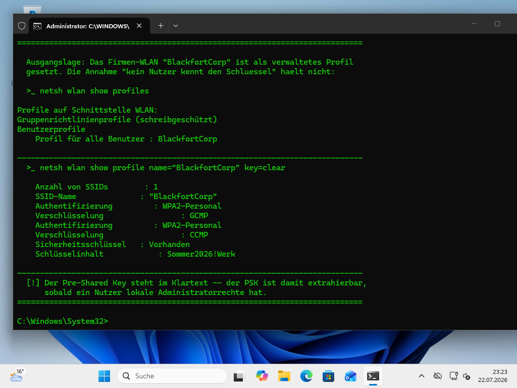 Windows-Client, lokaler Administrator: netsh wlan show profile key=clear gibt den WPA2-Personal-Schlüssel im Klartext aus