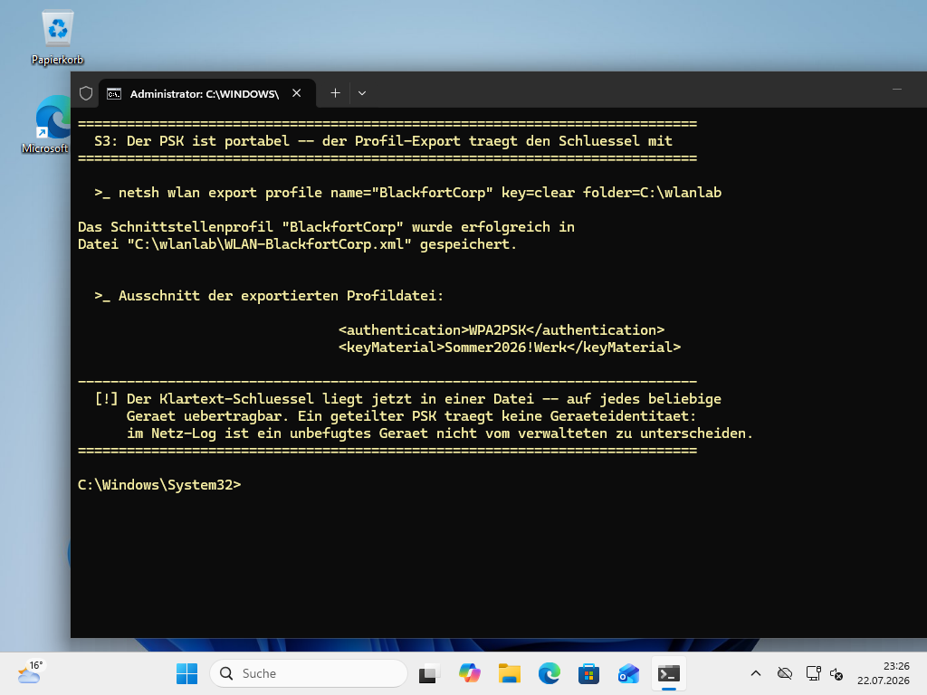 Profil-Export mit key=clear: die Datei enthält keyMaterial im Klartext und ist auf jedes Gerät übertragbar